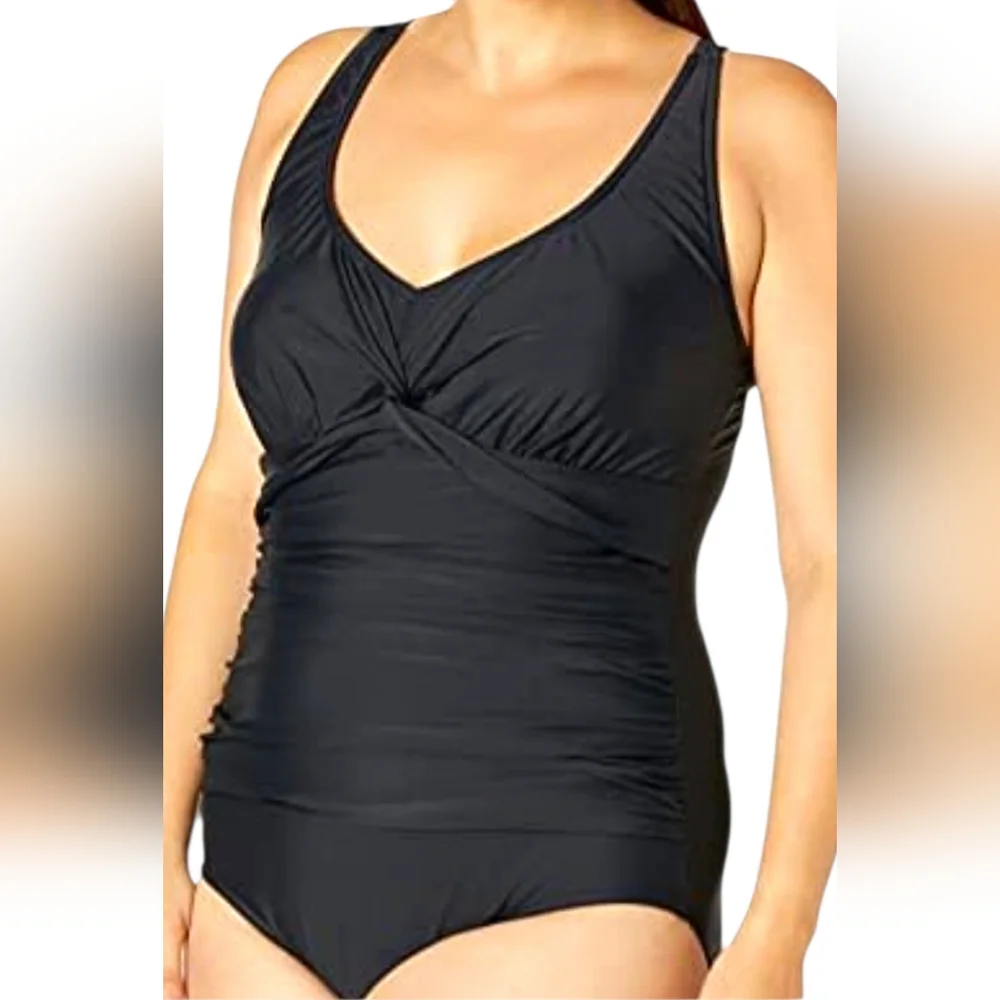 Maxine Of Hollywood V-Neck Shirred Twist Front One Piece Swimsuit
